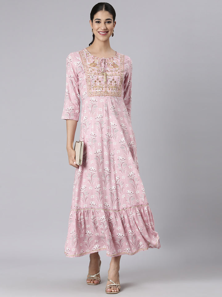 Neerus Pink Casual Maxi Floral Dresses