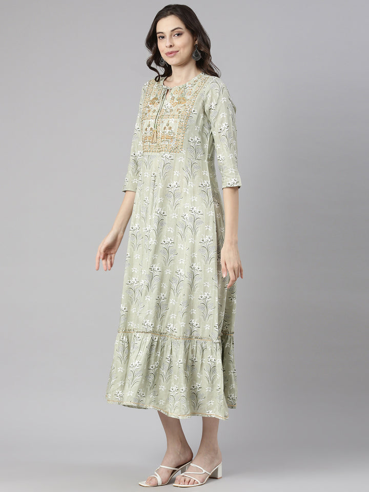 Neerus Green Casual Maxi Floral Dresses