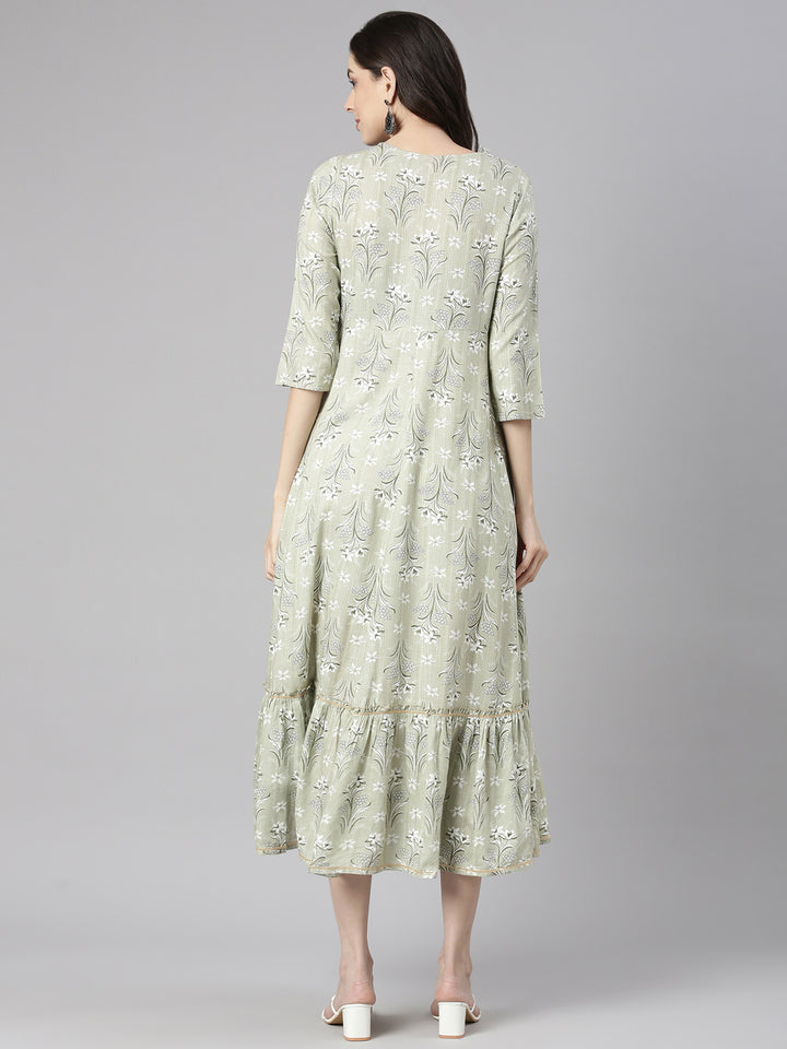 Neerus Green Casual Maxi Floral Dresses