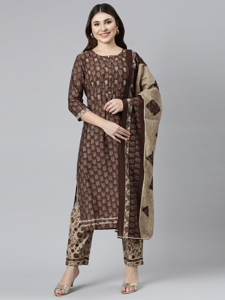 Neerus Brown printed straight kurta set with dupatta - front view
