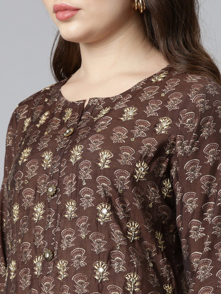 Neerus Brown printed straight kurta set with dupatta - detail view 1