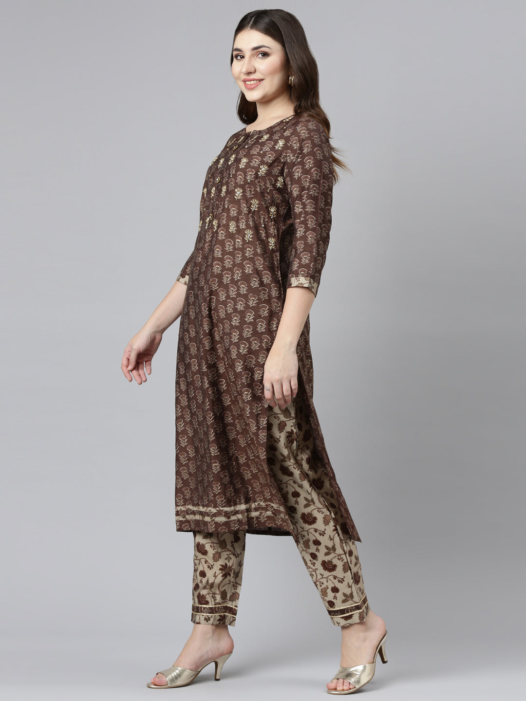 Neerus Brown printed straight kurta set with dupatta - back view