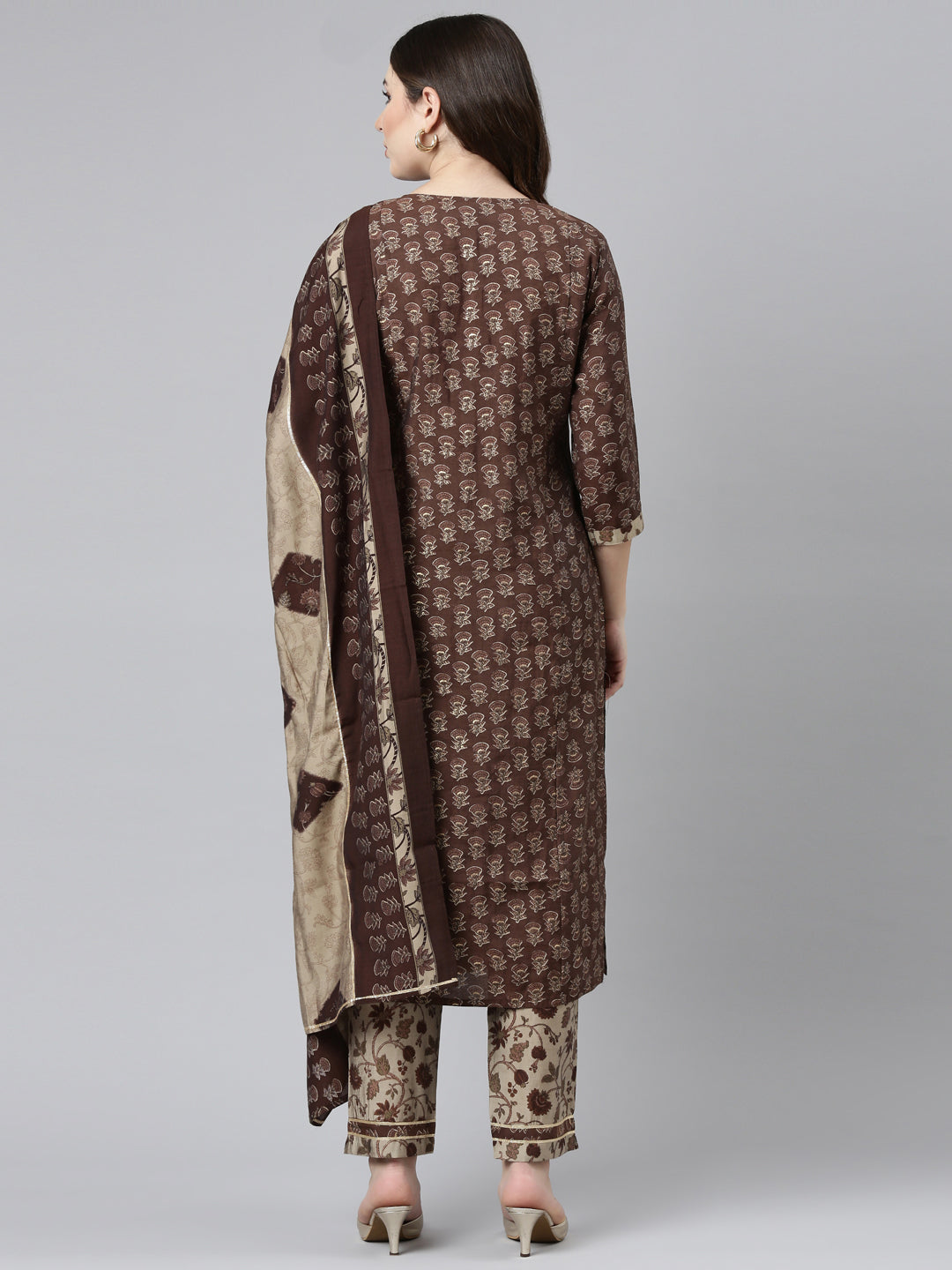 Neerus Brown printed straight kurta set with dupatta - side view