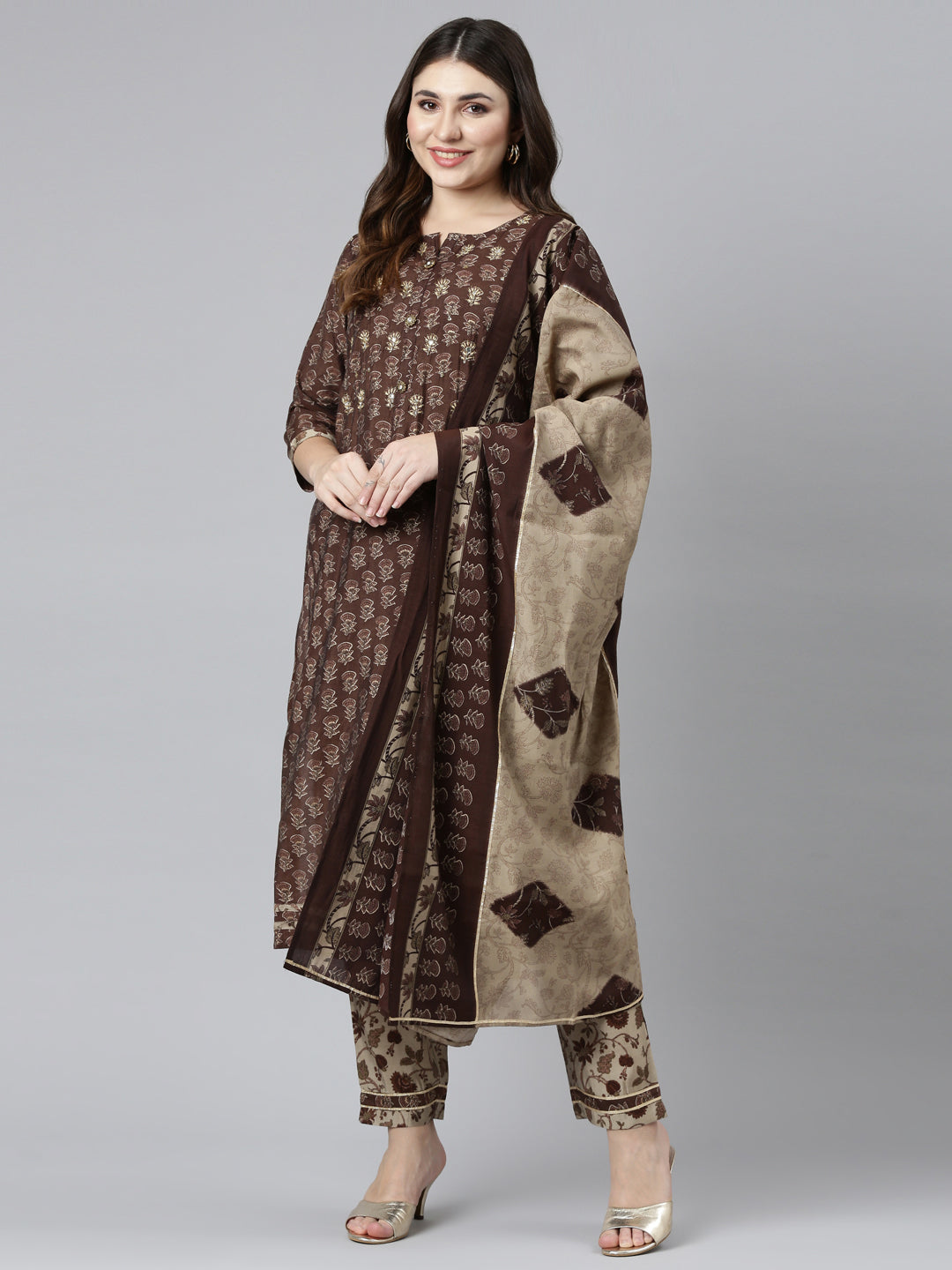 Neerus Brown printed straight kurta set with dupatta - detail view 2