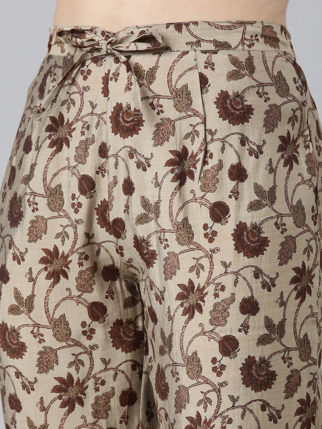 Neerus Brown printed straight kurta set with dupatta - detail view 3