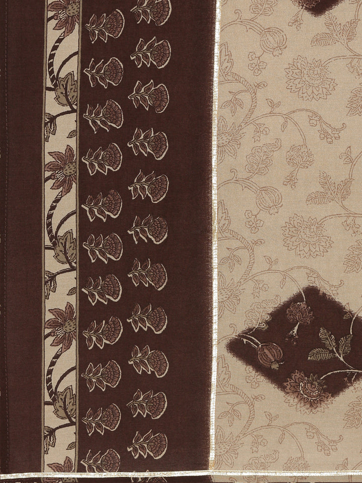 Neerus Brown printed straight kurta set with dupatta - detail view 4