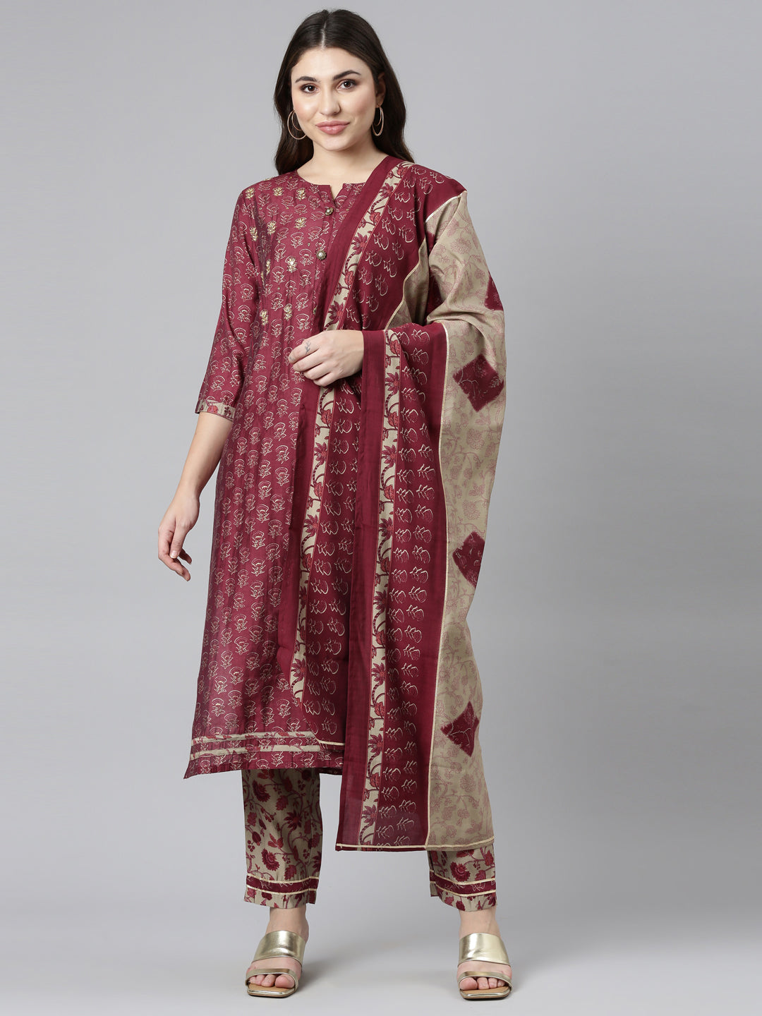 Neerus Purple printed straight kurta set with dupatta - front view