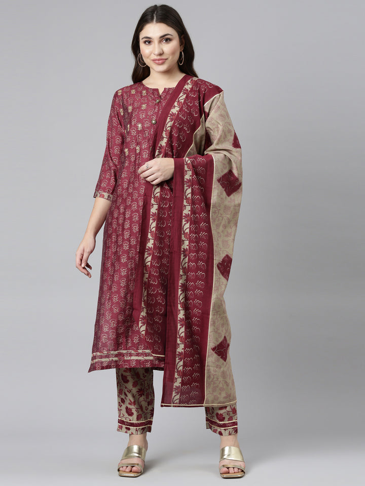 Neerus Purple printed straight kurta set with dupatta - front view