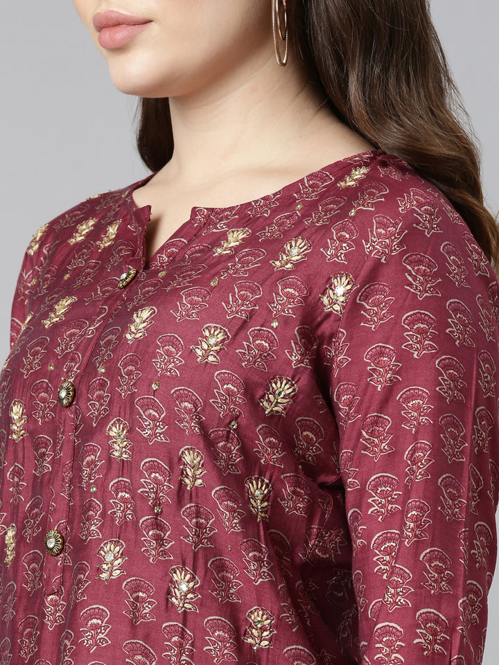 Neerus Purple printed straight kurta set with dupatta - detail view 1