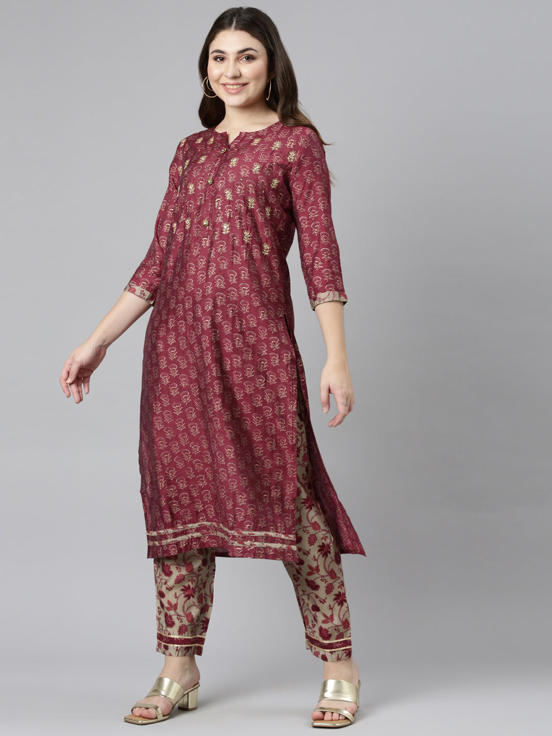 Neerus Purple printed straight kurta set with dupatta - back view