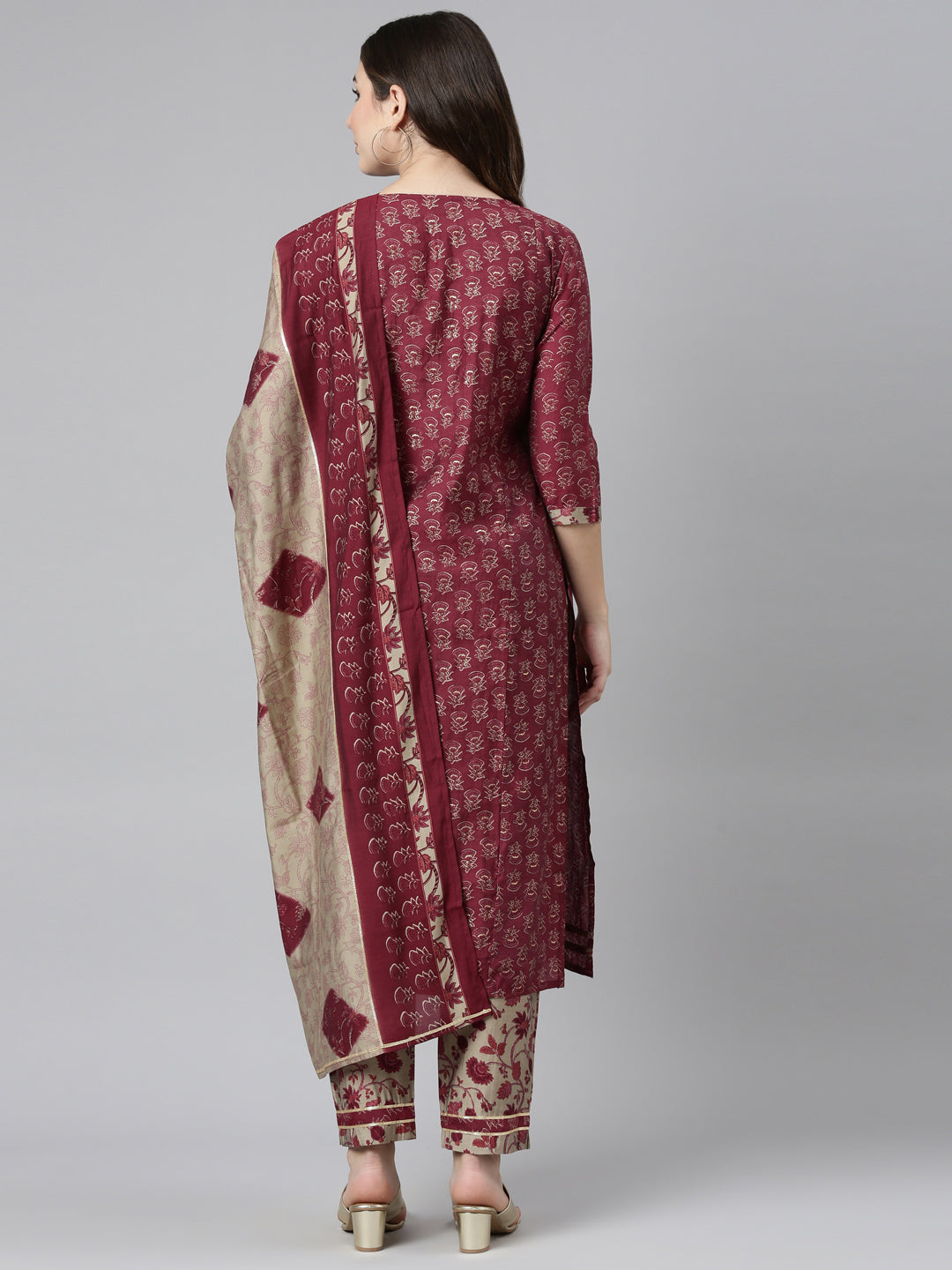 Neerus Purple printed straight kurta set with dupatta - side view