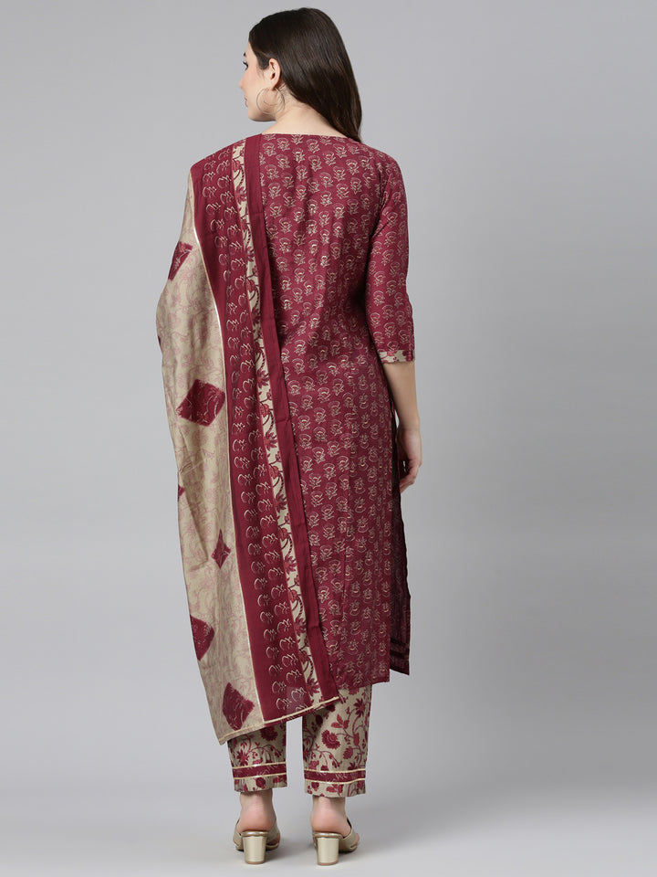 Neerus Purple printed straight kurta set with dupatta - side view