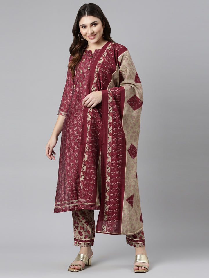 Neerus Purple printed straight kurta set with dupatta - detail view 2