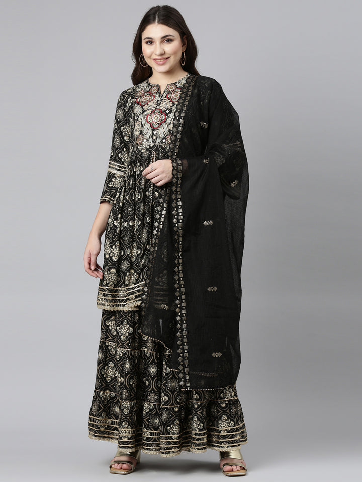 Neerus Black printed straight sharara set with dupatta - front view