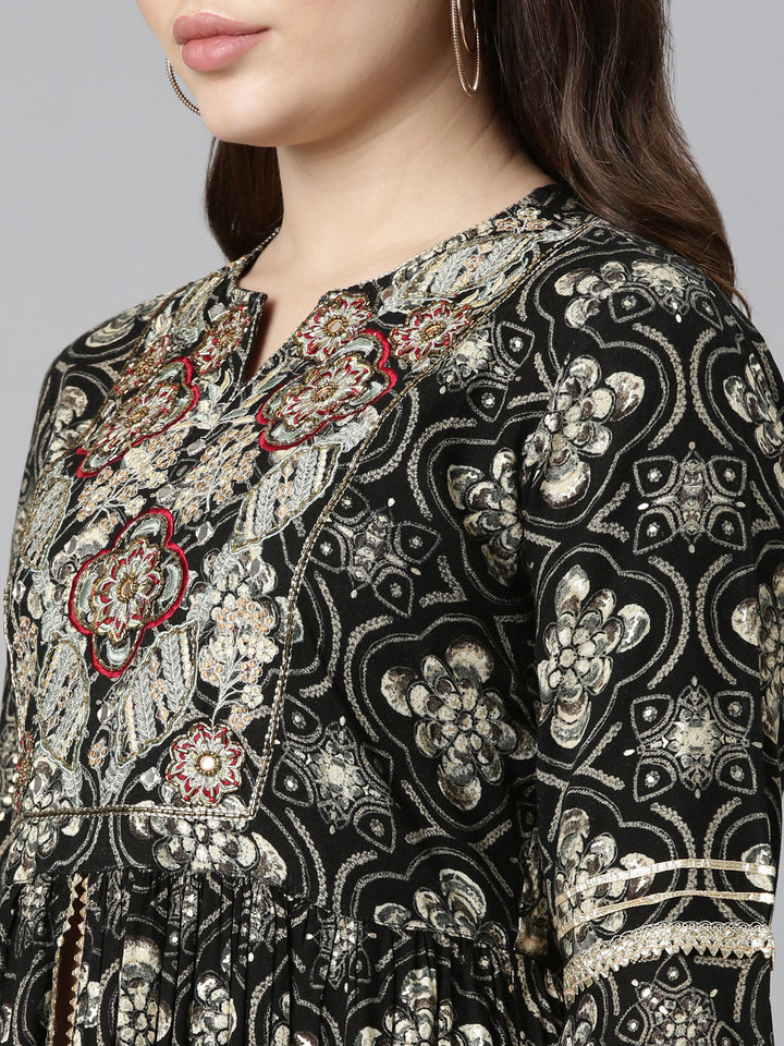 Neerus Black printed straight sharara set with dupatta - detail view 1