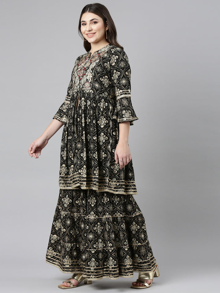 Neerus Black printed straight sharara set with dupatta - back view