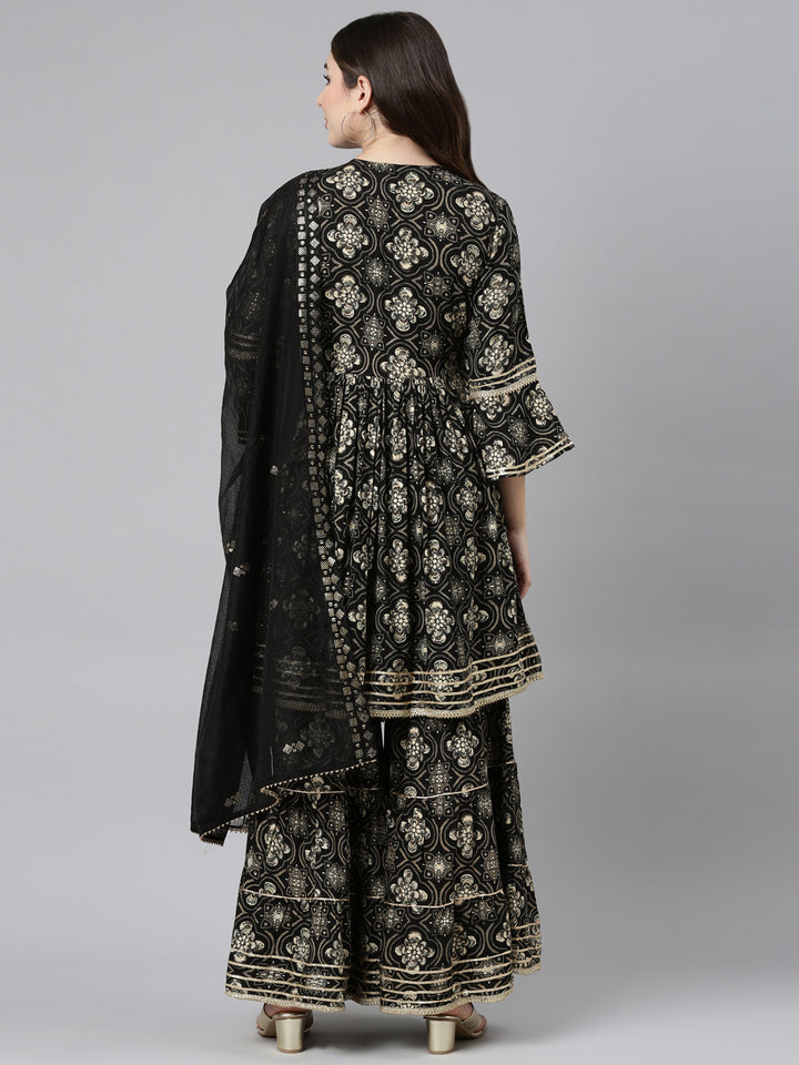 Neerus Black printed straight sharara set with dupatta - side view