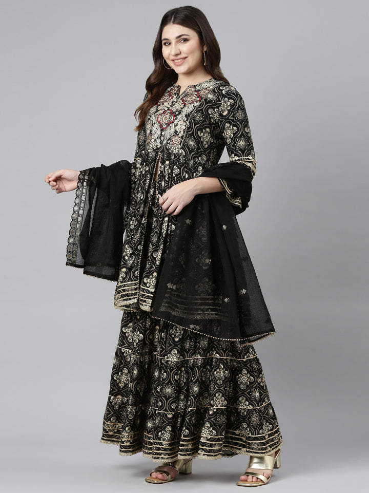 Neerus Black printed straight sharara set with dupatta - detail view 2