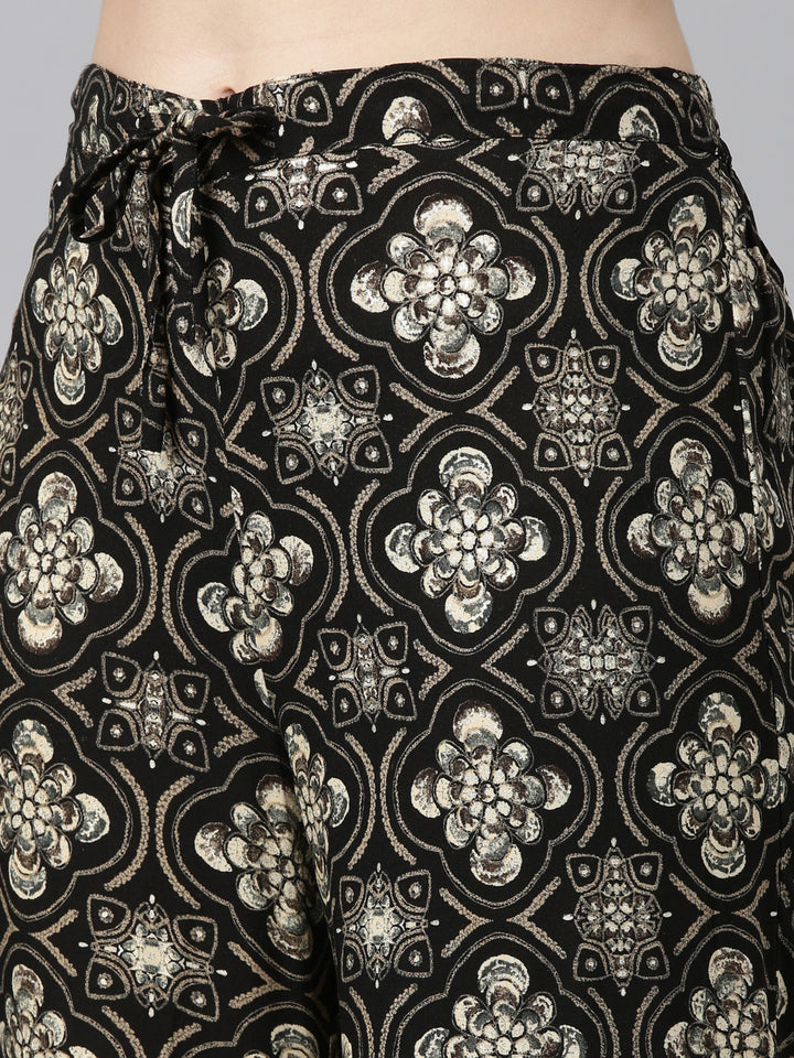 Neerus Black printed straight sharara set with dupatta - detail view 3