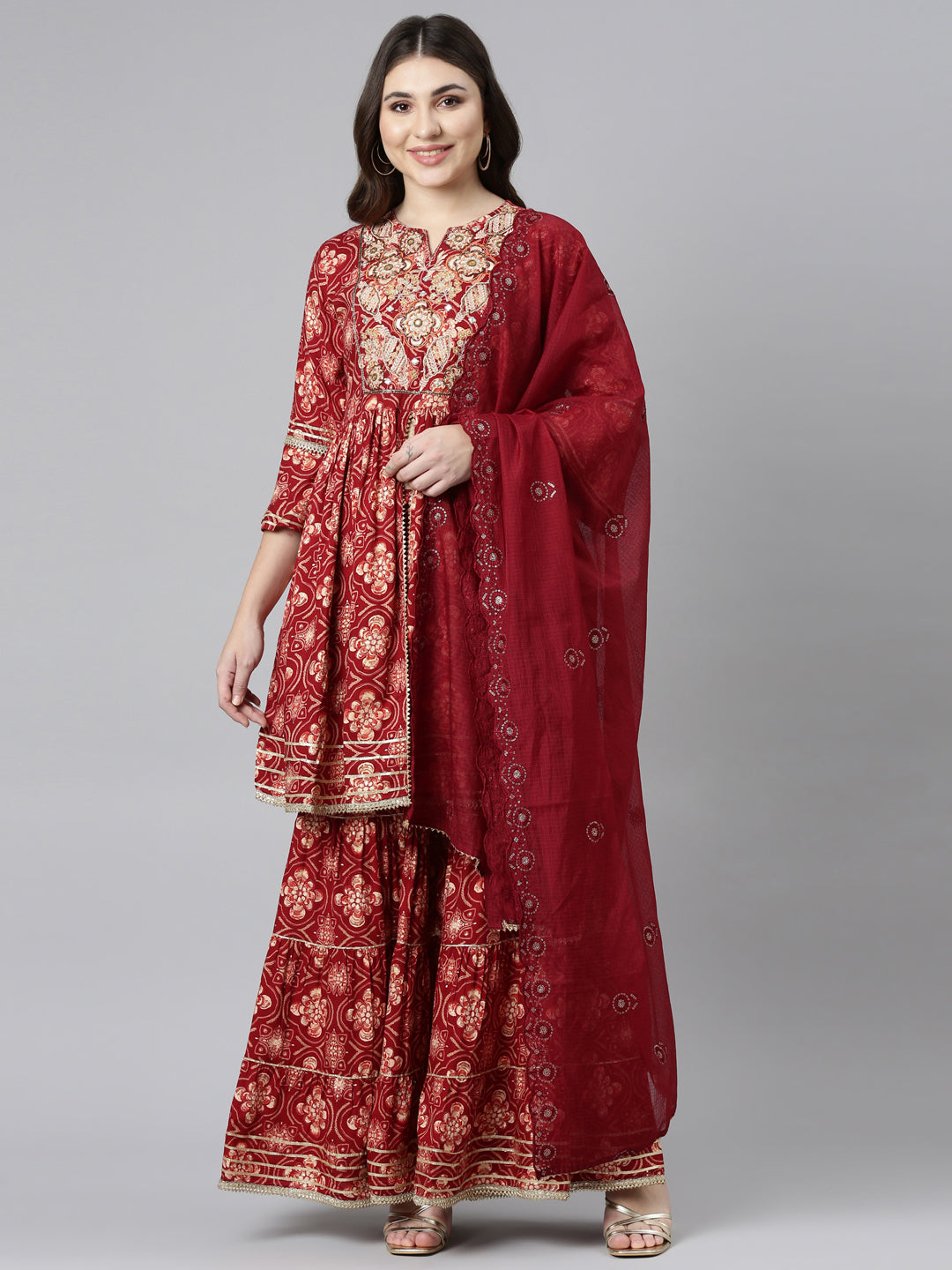 Neerus Maroon Regular Straight Printed Kurta And Sharara With Dupatta