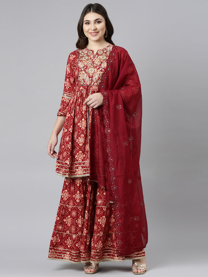 Neerus Maroon Regular Straight Printed Kurta And Sharara With Dupatta