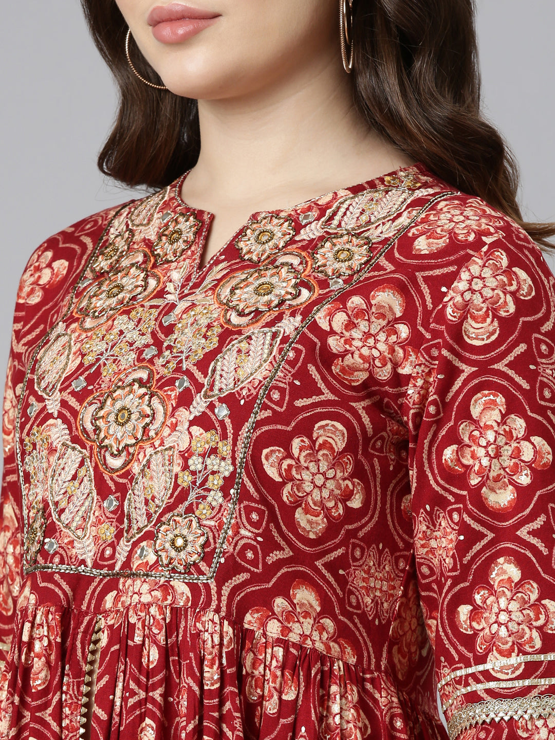 Neerus Maroon Regular Straight Printed Kurta And Sharara With Dupatta