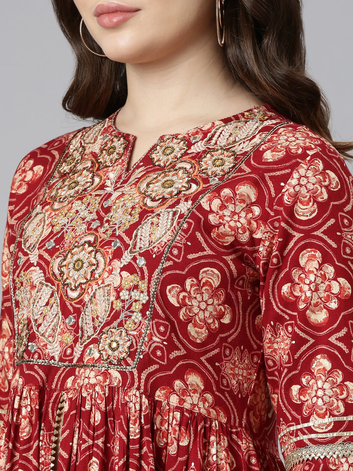 Neerus Maroon Regular Straight Printed Kurta And Sharara With Dupatta