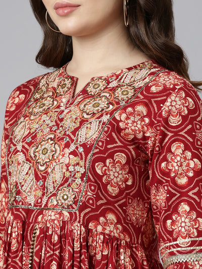 Neerus Maroon Regular Straight Printed Kurta And Sharara With Dupatta