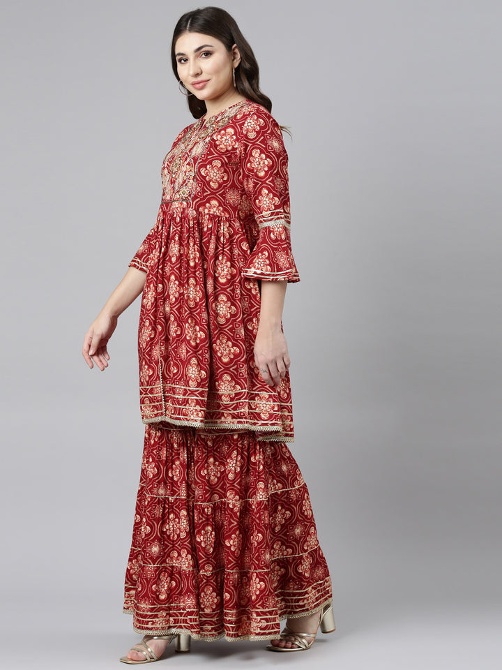 Neerus Maroon Regular Straight Printed Kurta And Sharara With Dupatta