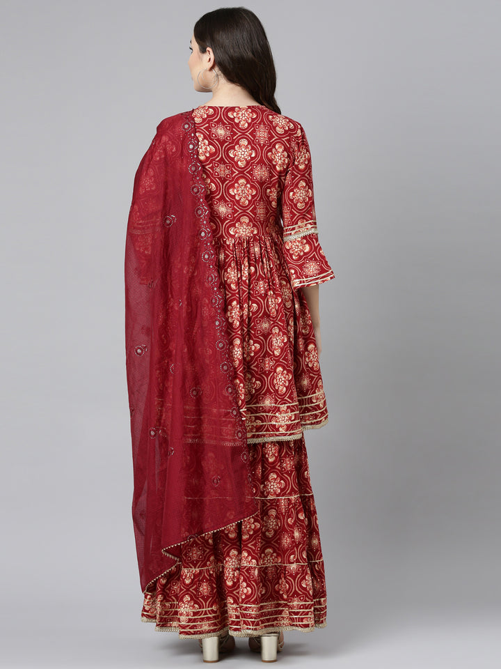 Neerus Maroon Regular Straight Printed Kurta And Sharara With Dupatta