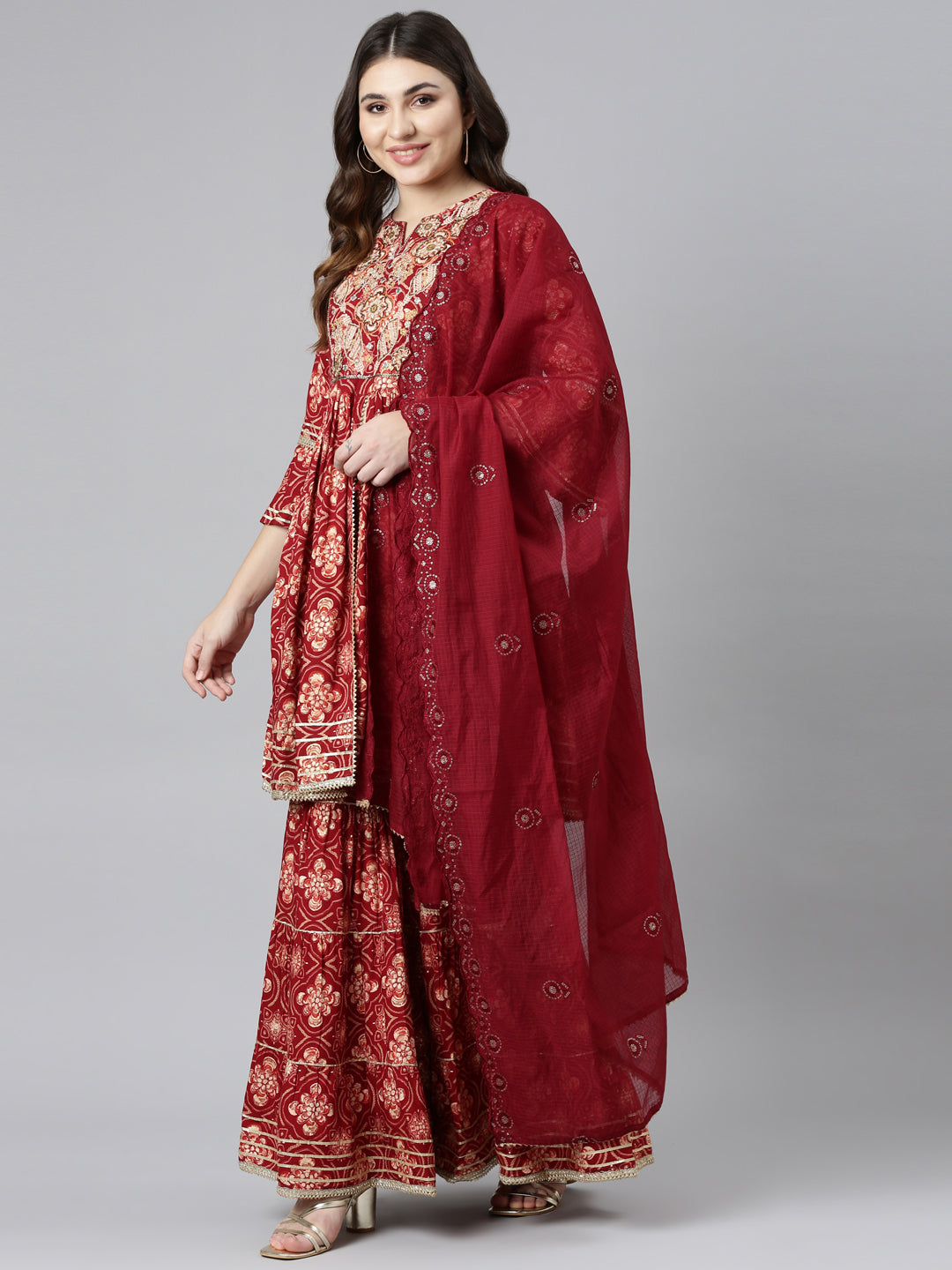 Neerus Maroon Regular Straight Printed Kurta And Sharara With Dupatta