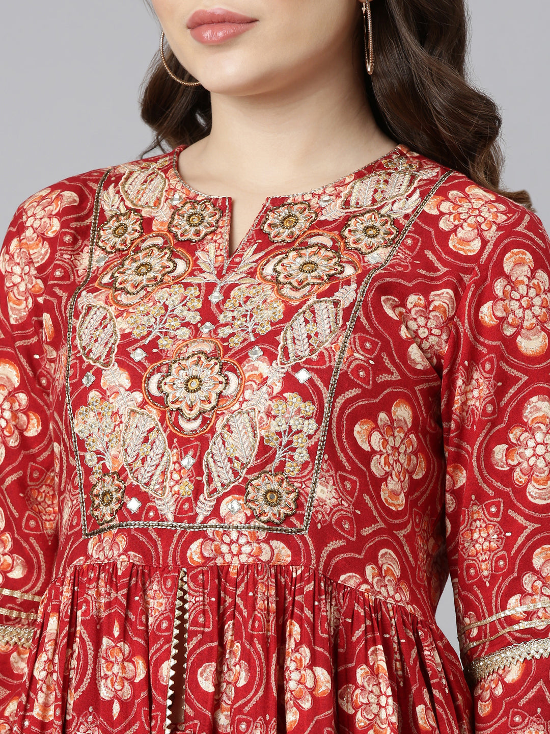 Neerus Red printed straight sharara set with dupatta - detail view 1