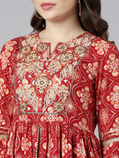 Neeru's Red Regular Straight Printed Kurta And Sharara With Dupatta