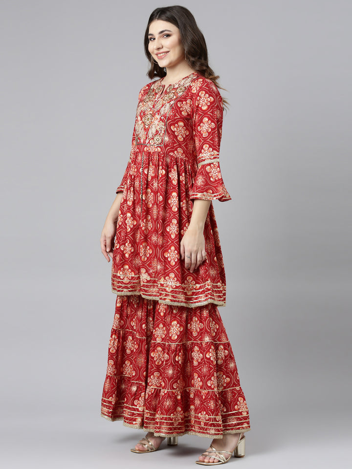 Neerus Red printed straight sharara set with dupatta - back view