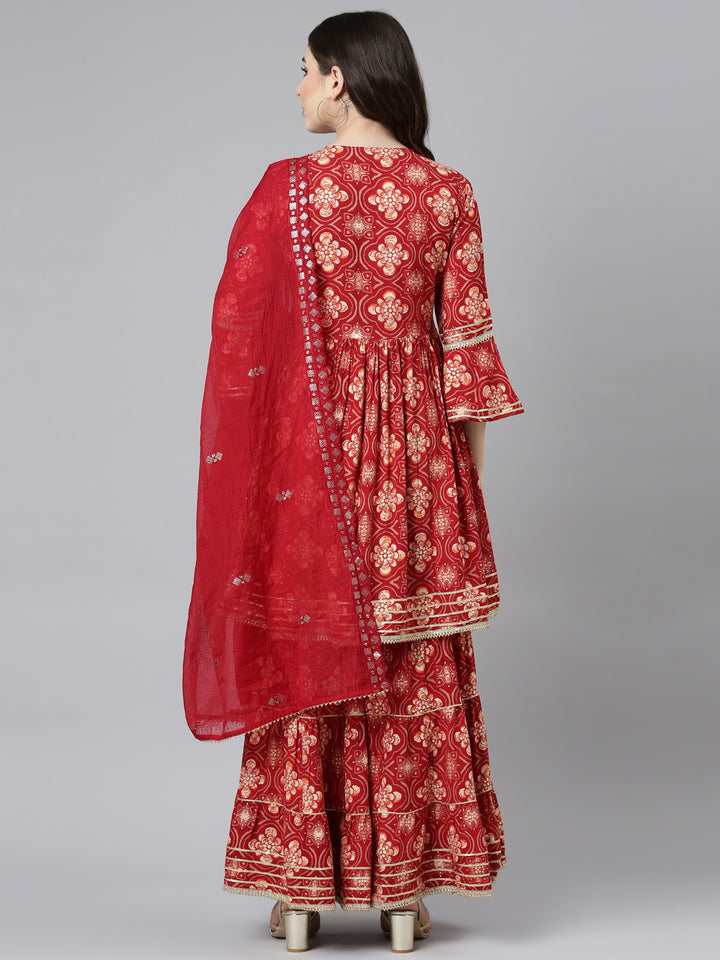 Neerus Red printed straight sharara set with dupatta - side view