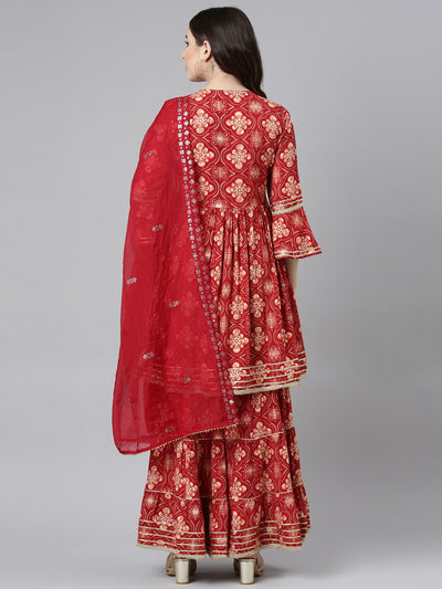 Neeru's Red Regular Straight Printed Kurta And Sharara With Dupatta