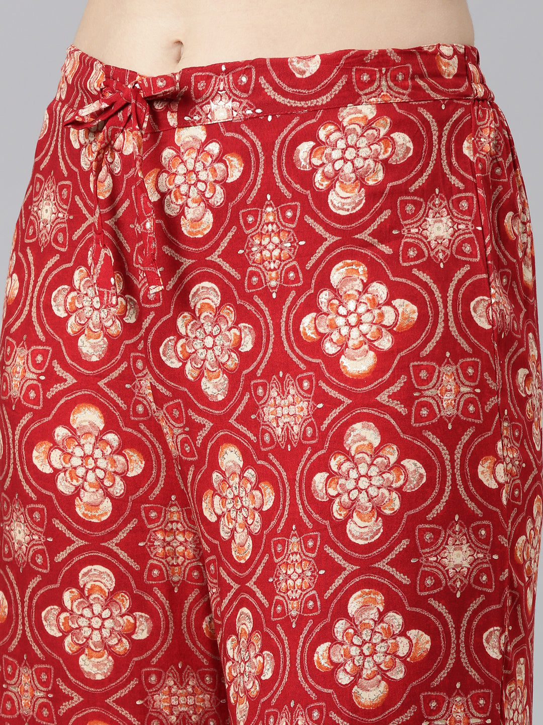 Neerus Red printed straight sharara set with dupatta - detail view 2