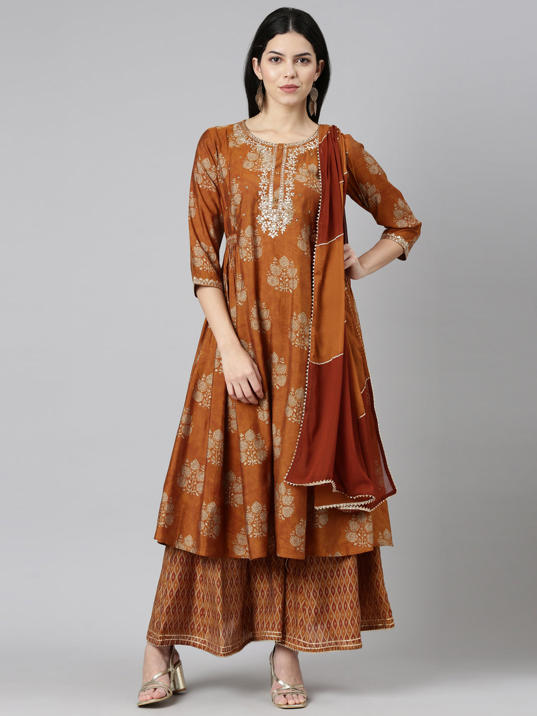Neerus Gold printed straight sharara set with dupatta - front view