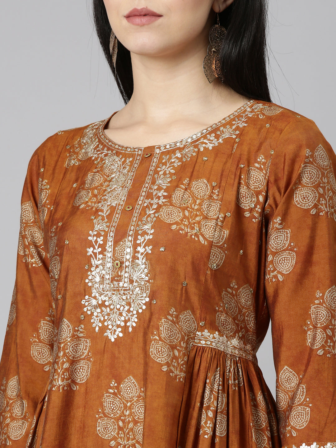 Neerus Gold printed straight sharara set with dupatta - detail view 1