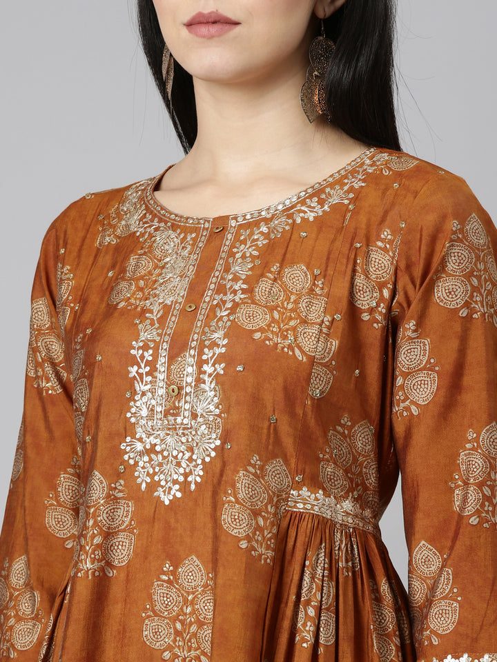 Neerus Gold printed straight sharara set with dupatta - detail view 1
