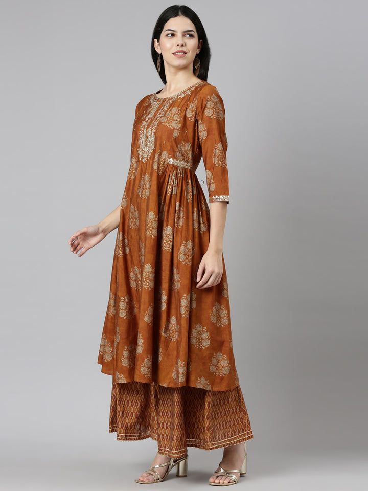 Neerus Gold printed straight sharara set with dupatta - back view