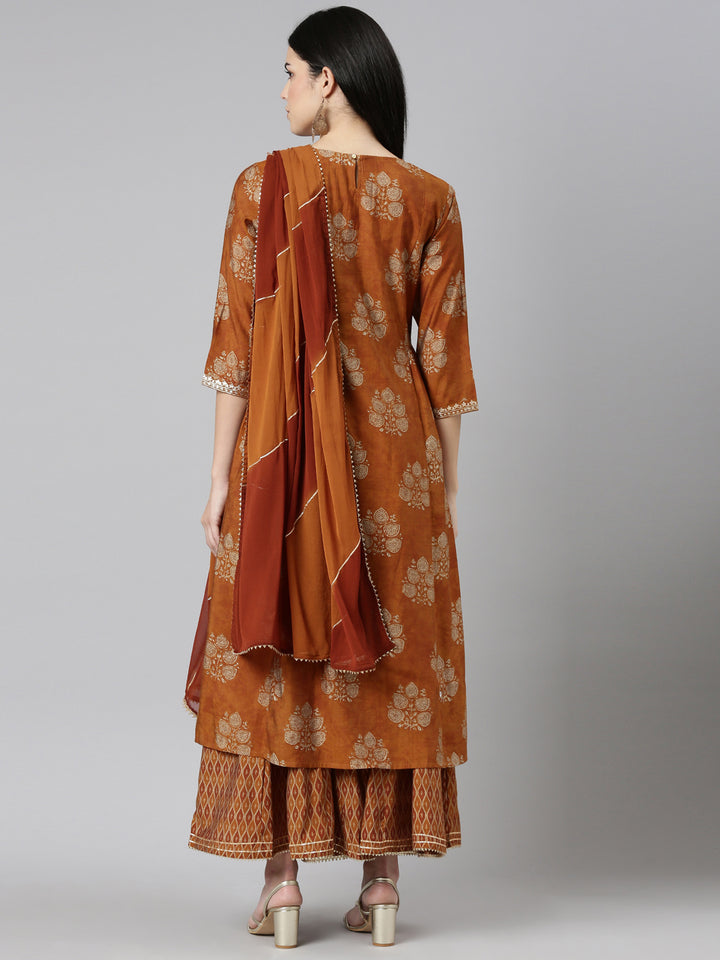 Neerus Gold printed straight sharara set with dupatta - side view