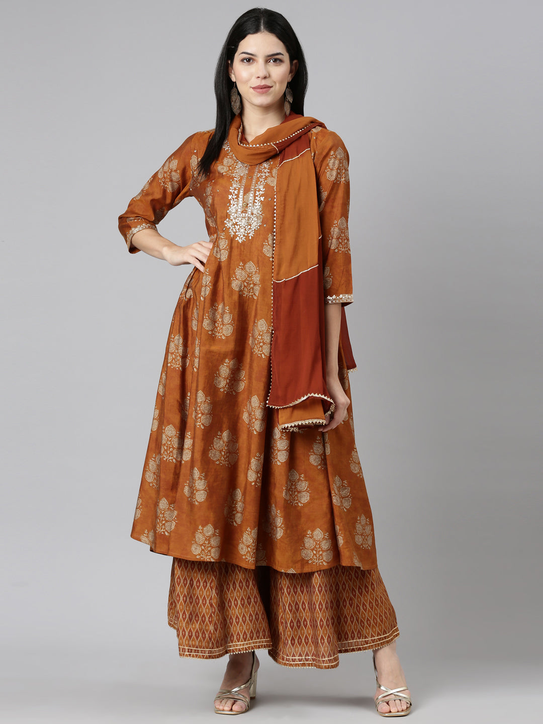 Neerus Gold printed straight sharara set with dupatta - detail view 2