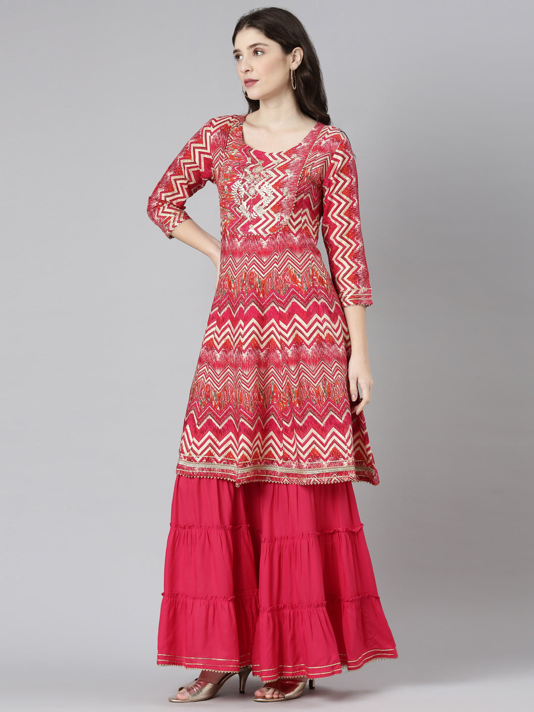 Neerus Purple Regular Straight Printed Kurta And Sharara With Dupatta