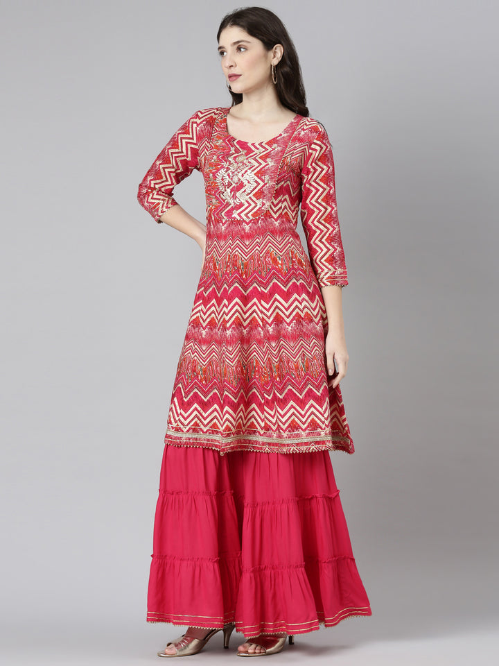 Neerus Purple Regular Straight Printed Kurta And Sharara With Dupatta