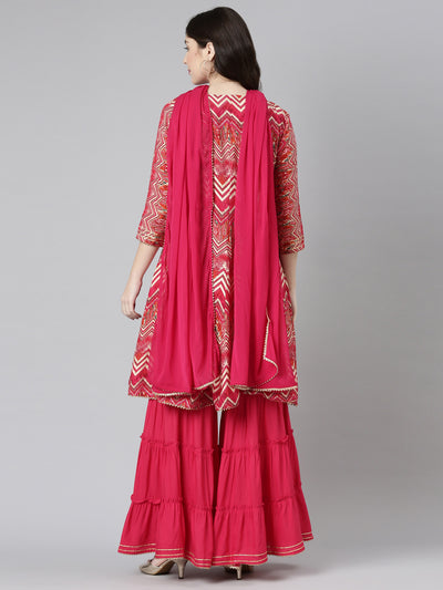 Neeru's Purple Regular Straight Printed Kurta And Sharara With Dupatta