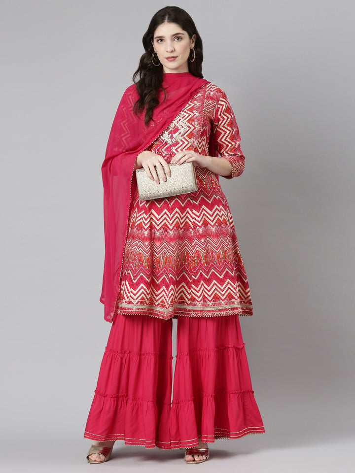 Neerus Purple Regular Straight Printed Kurta And Sharara With Dupatta