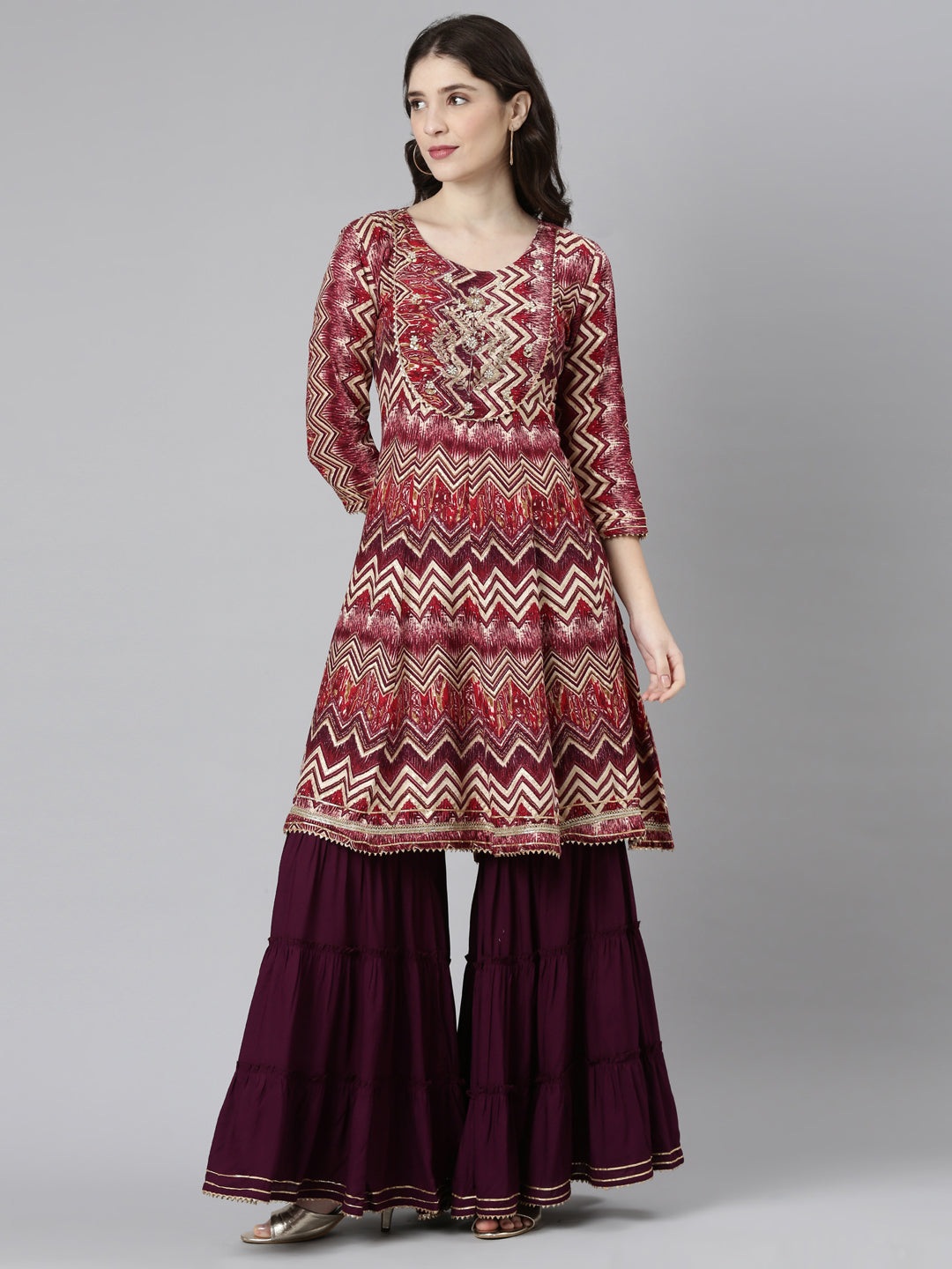 Neerus Pink printed straight sharara set with dupatta - front view