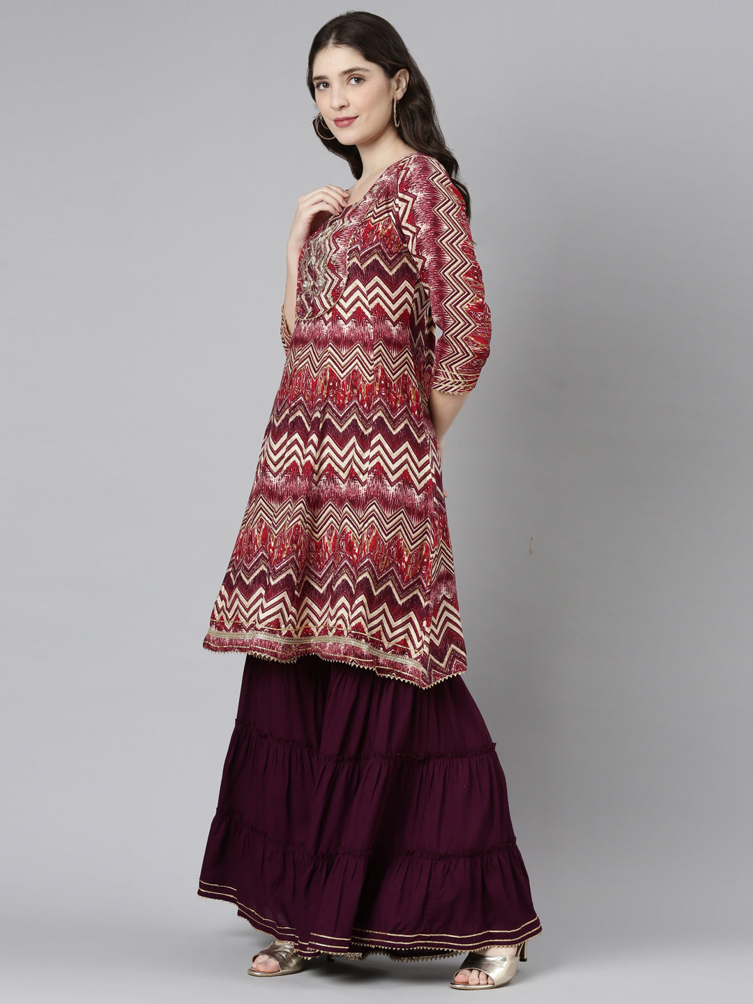 Neerus Pink printed straight sharara set with dupatta - back view