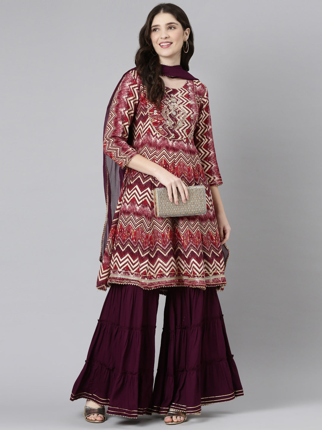 Neerus Pink printed straight sharara set with dupatta - detail view 2